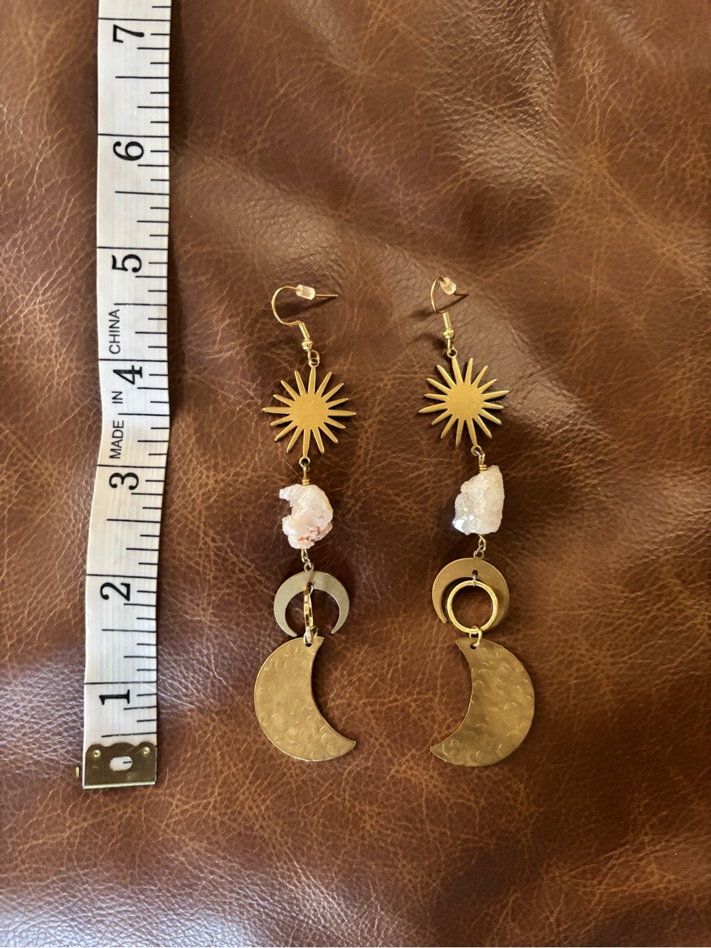 Gold-Tone Sun & Crescent Moon Drop Earrings with Pink Raw Stone Accent